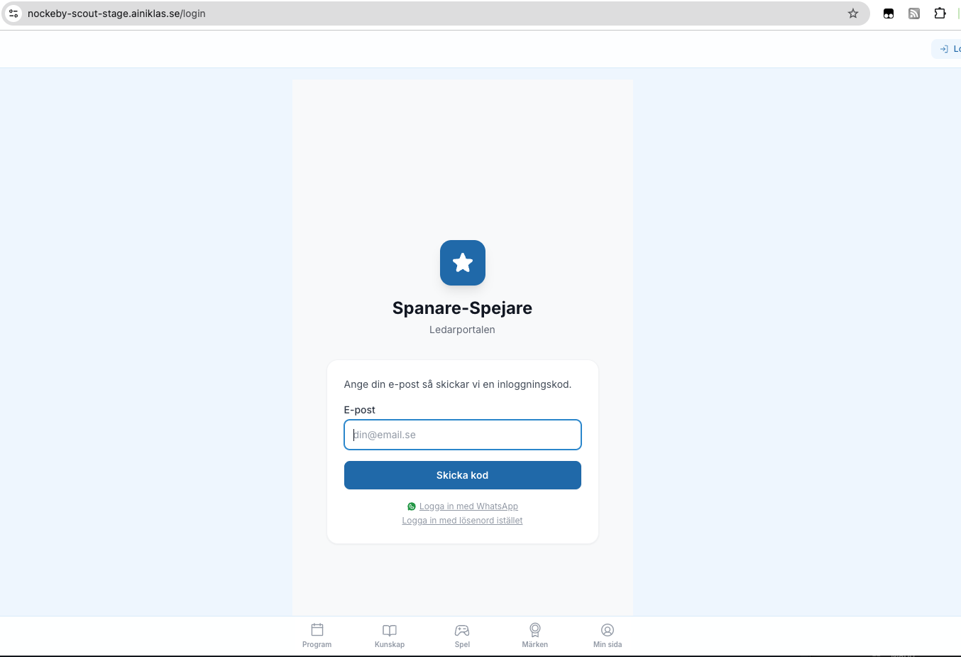 Spanare-Spejare – inloggningssida med e-postkod, WhatsApp och lösenord